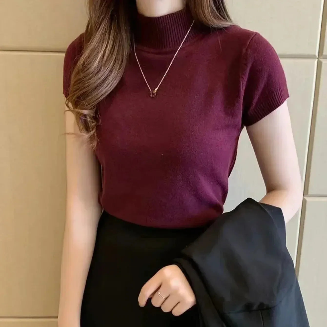 Women's Half-High Neck T-Shirt Fashion Jumper Casual Tops Korean Style Elegant Solid-Coloured Clothing Spring