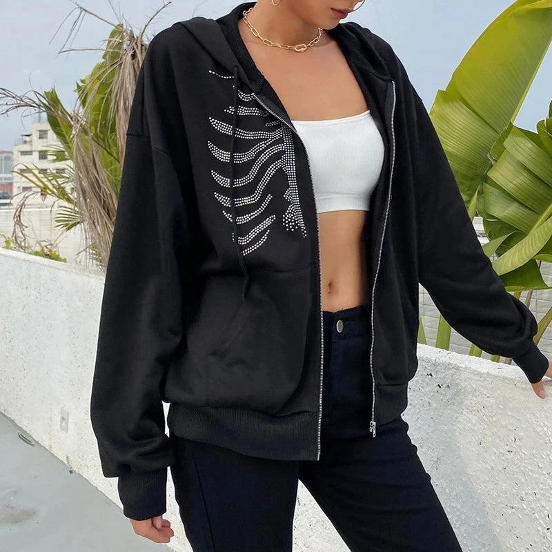 Y2K Rhinestone Skeleton Hoodies Women Gothic Black Zip Up Oversized Sweatshirt