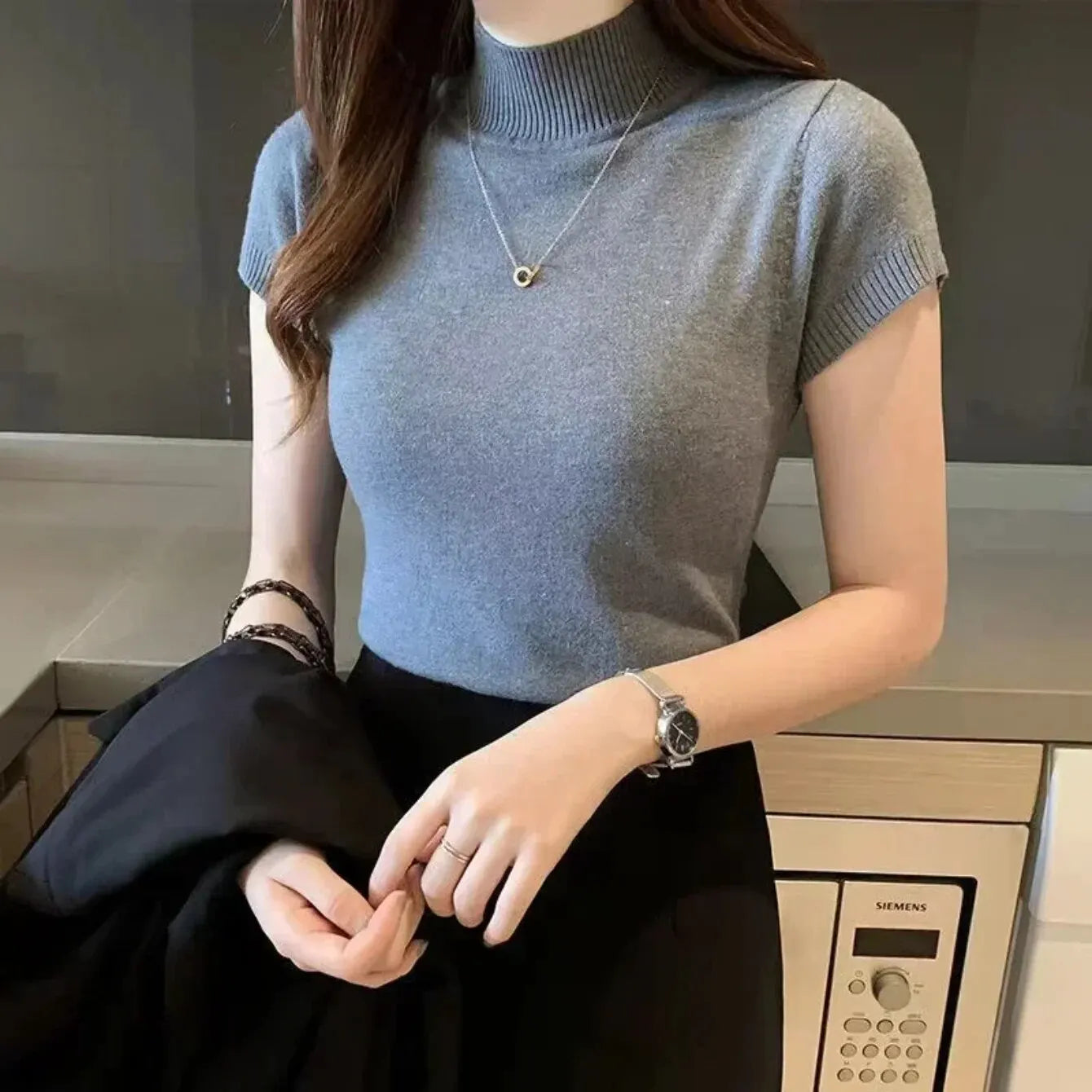Women's Half-High Neck T-Shirt Fashion Jumper Casual Tops Korean Style Elegant Solid-Coloured Clothing Spring