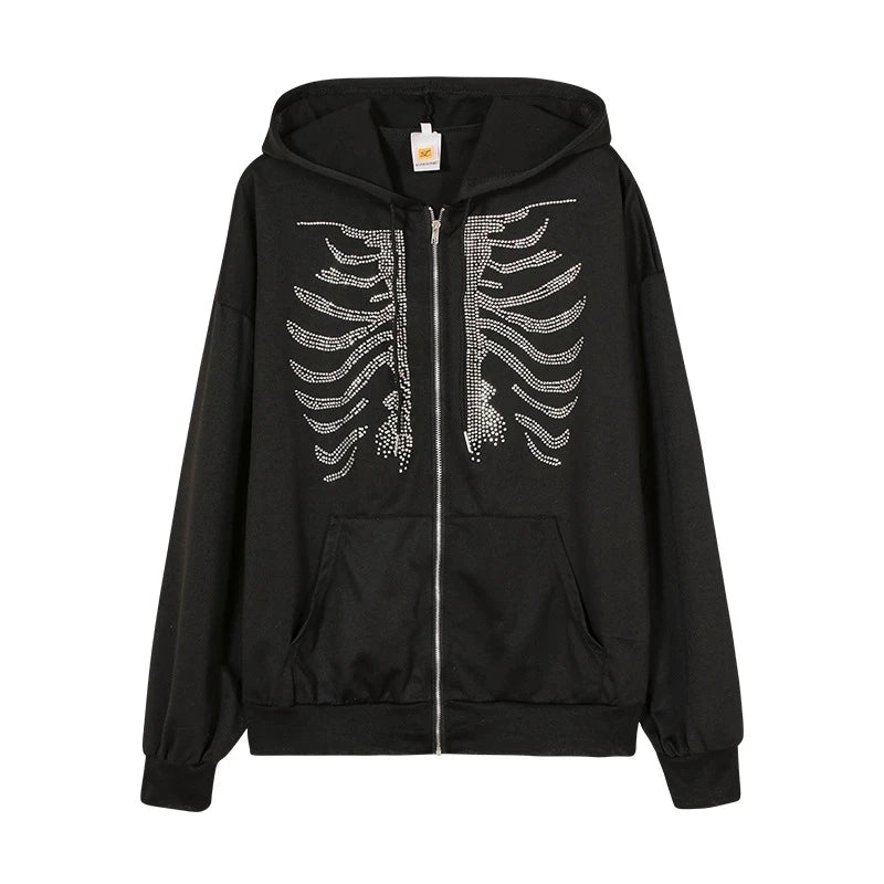 Y2K Rhinestone Skeleton Hoodies Women Gothic Black Zip Up Oversized Sweatshirt