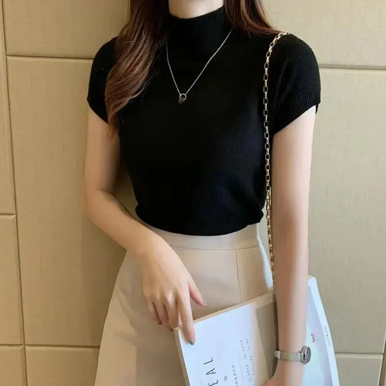 Women's Half-High Neck T-Shirt Fashion Jumper Casual Tops Korean Style Elegant Solid-Coloured Clothing Spring
