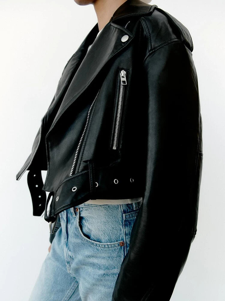 Short Jacket with Belt Motorcycle Biker Female Zipper Lapel Loose Coat Outwear