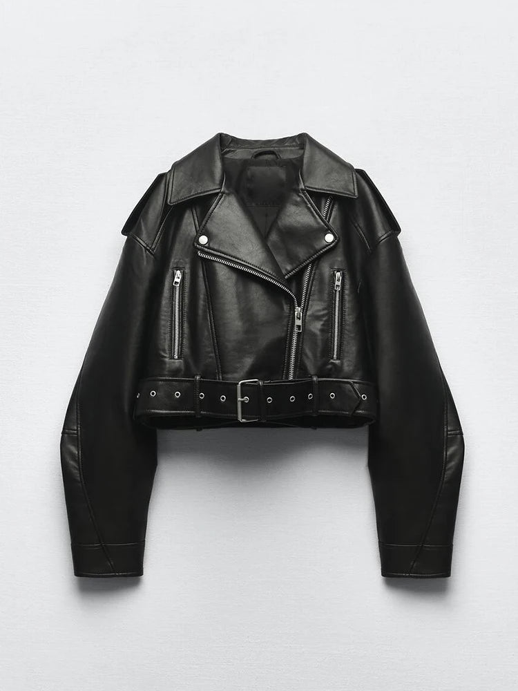 Short Jacket with Belt Motorcycle Biker Female Zipper Lapel Loose Coat Outwear