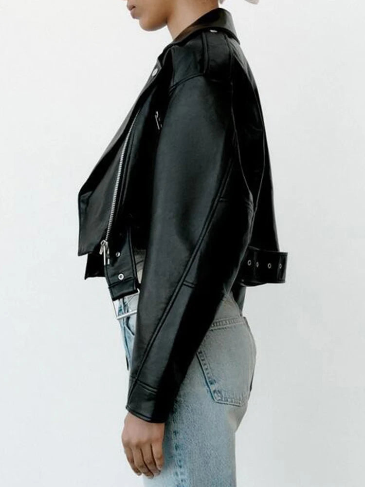 Short Jacket with Belt Motorcycle Biker Female Zipper Lapel Loose Coat Outwear