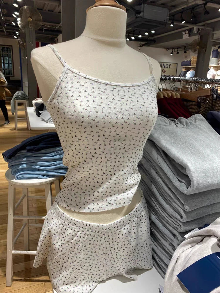 Floral Print Bow Short Sets Summer Sweet Lace Trim Camis Tops And Shorts Two Piece Set For Women Casual Cute Vintage Outfits