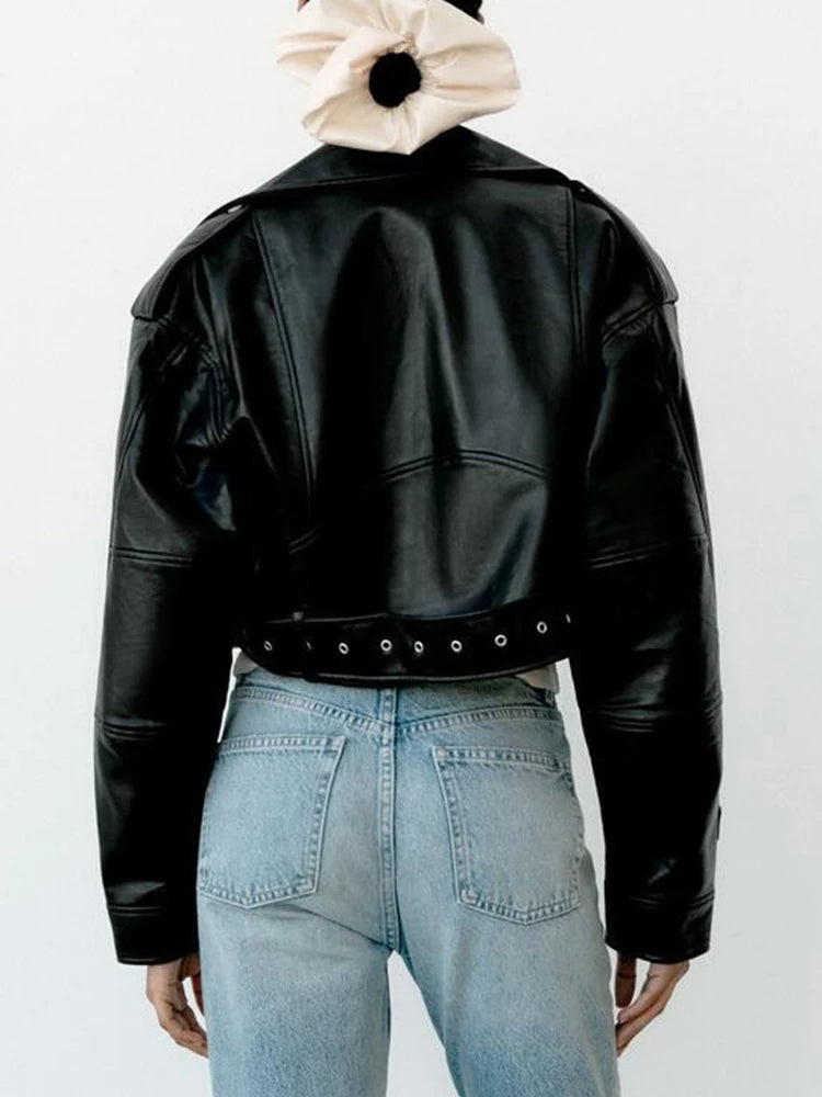 Short Jacket with Belt Motorcycle Biker Female Zipper Lapel Loose Coat Outwear