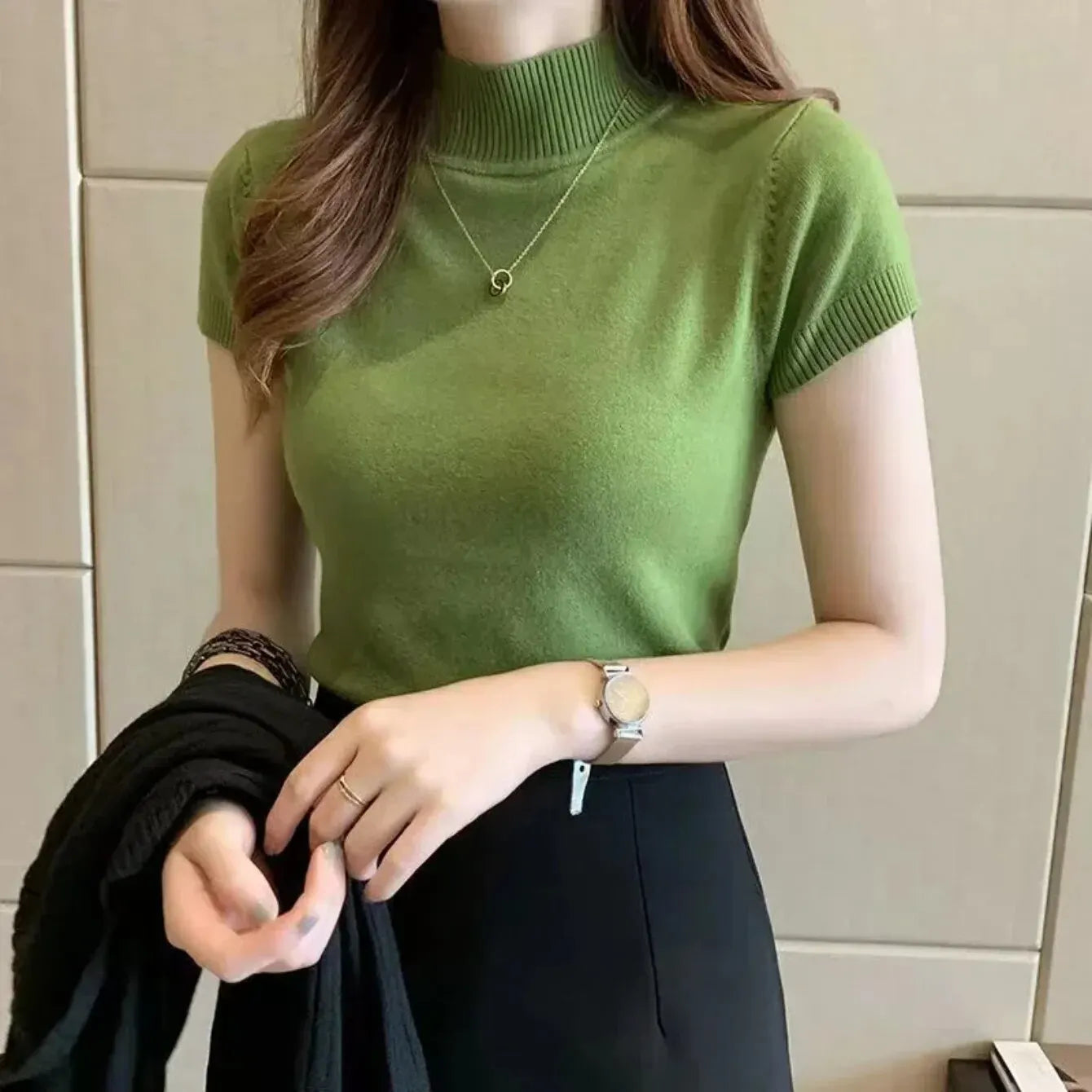 Women's Half-High Neck T-Shirt Fashion Jumper Casual Tops Korean Style Elegant Solid-Coloured Clothing Spring