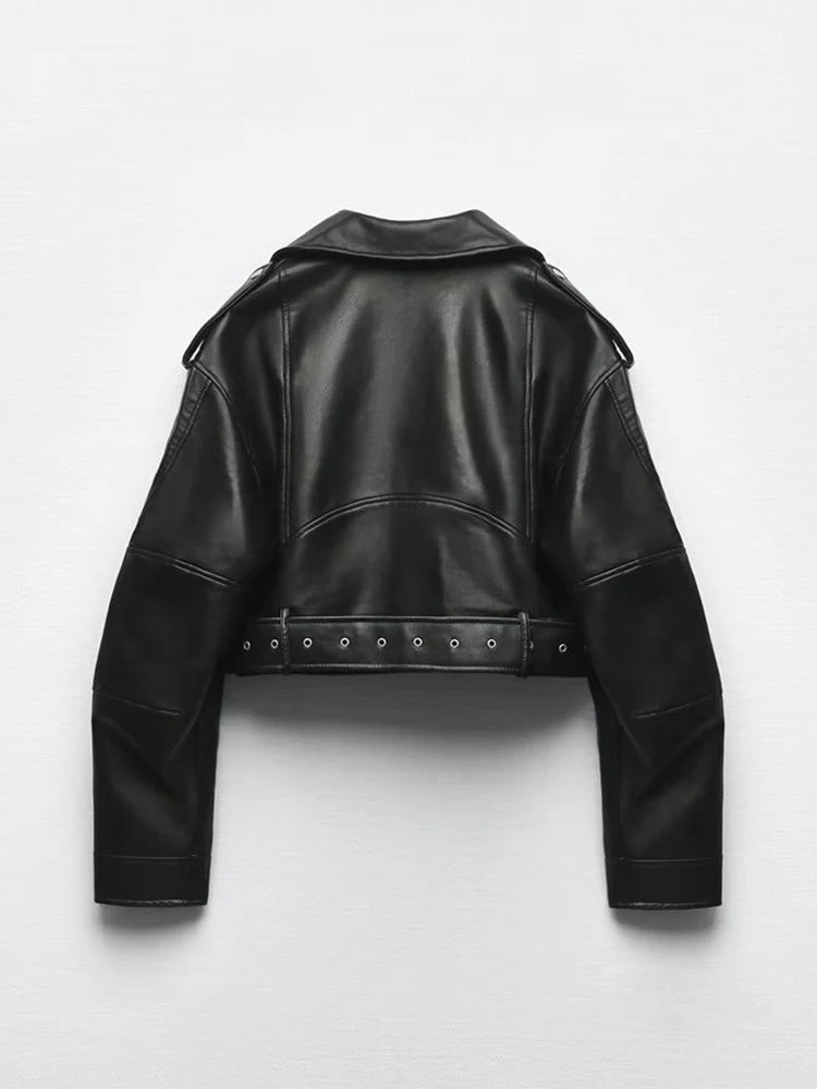 Short Jacket with Belt Motorcycle Biker Female Zipper Lapel Loose Coat Outwear