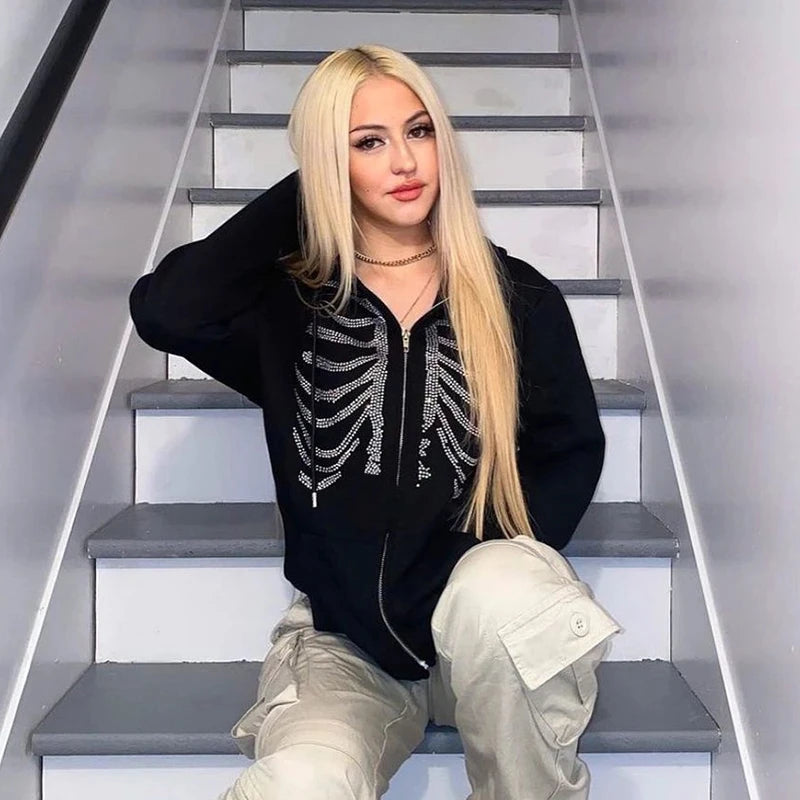 Y2K Rhinestone Skeleton Hoodies Women Gothic Black Zip Up Oversized Sweatshirt