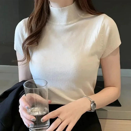 Women's Half-High Neck T-Shirt Fashion Jumper Casual Tops Korean Style Elegant Solid-Coloured Clothing Spring